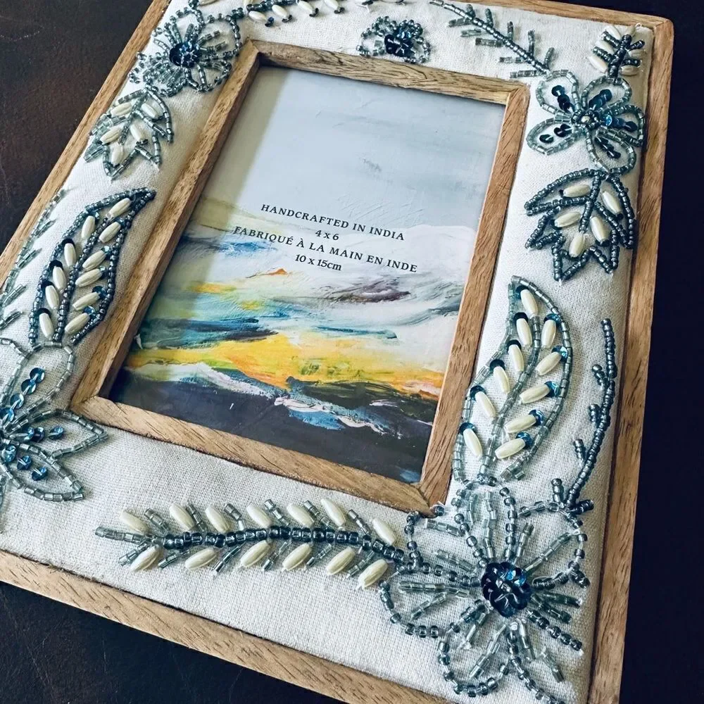 Boho Floral Beaded Fabric Indian Wood Picture Frame 4x6